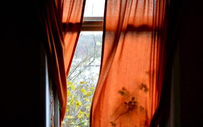 Rødt gardin ved vindue, blæser let i vinden, udsigt til natur.